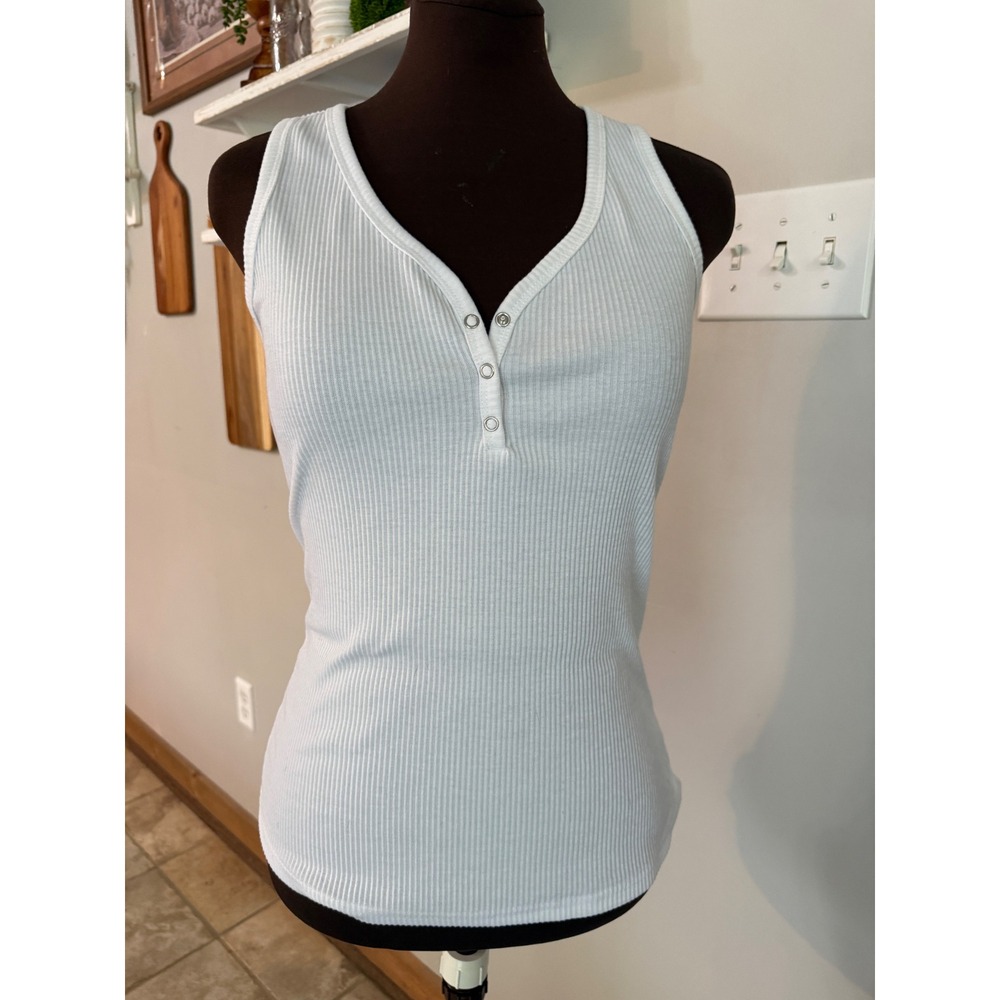 Merokeety White Ribbed Henley Tank Top V-Neck Snap Button Sleeveless Small
